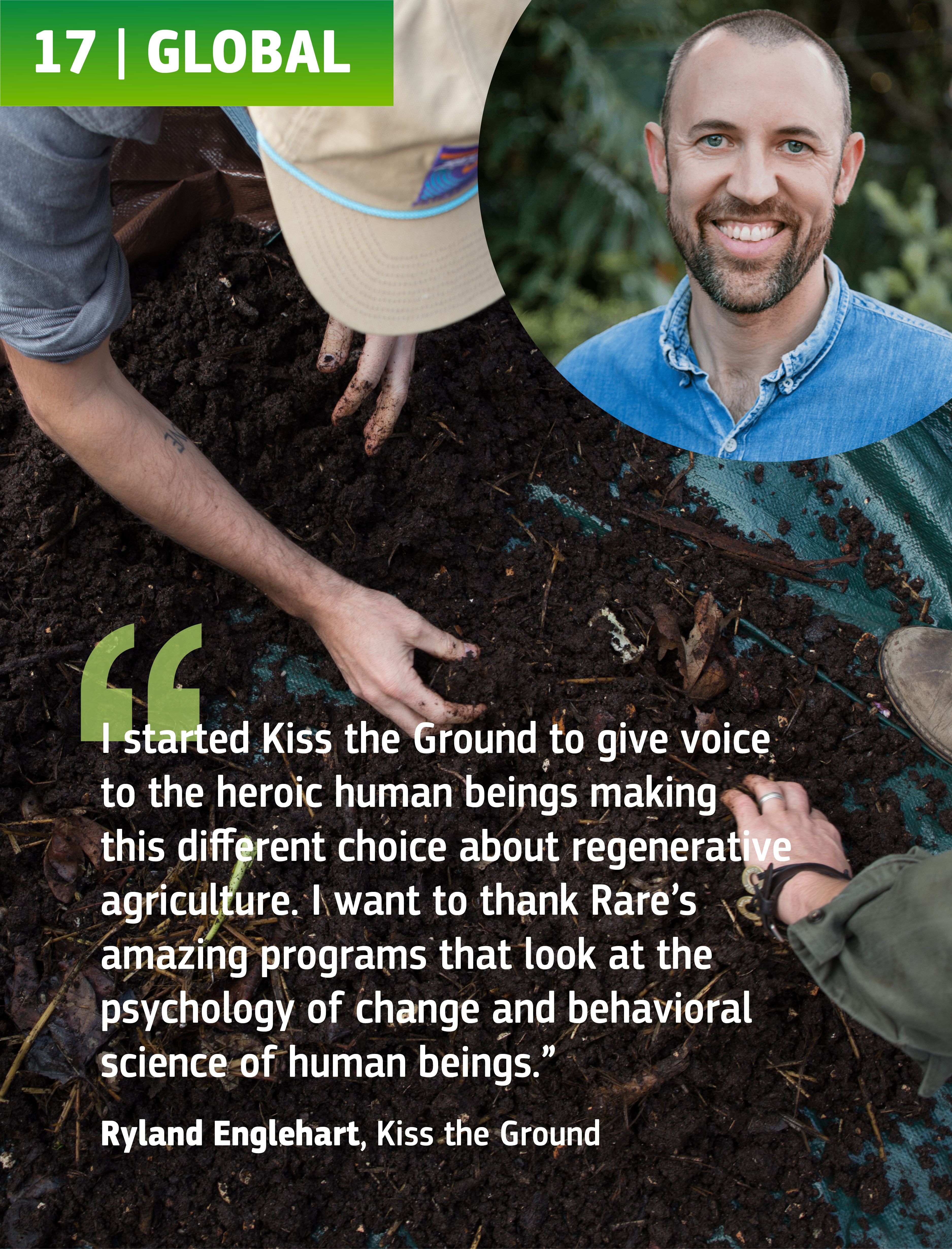 People tending to soil and a photo of Ryland Englehart.
