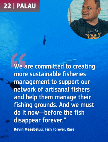 Video of fish swimming in Palau and a photo of Kevin Mesebeluu.